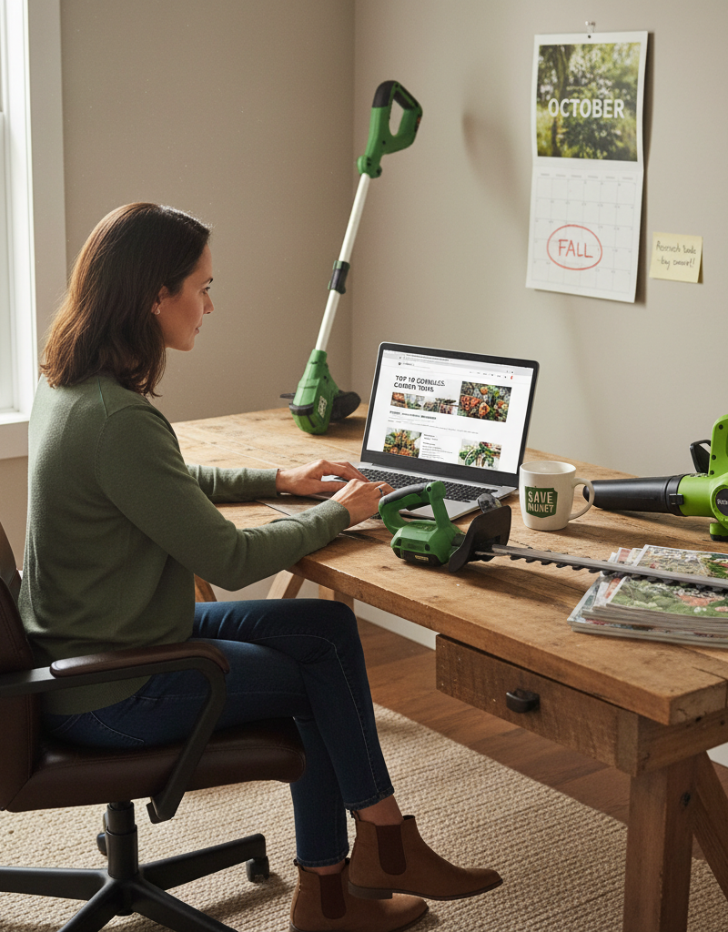 Homeowner researching outdoor power tool deals online