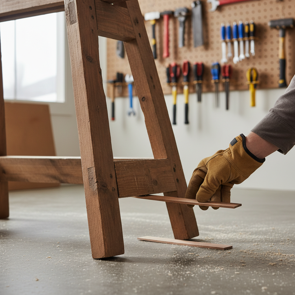Contractor shimming a wobbly sawhorse leg in a workshop