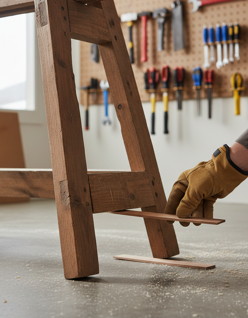 Contractor shimming a wobbly sawhorse leg in a workshop