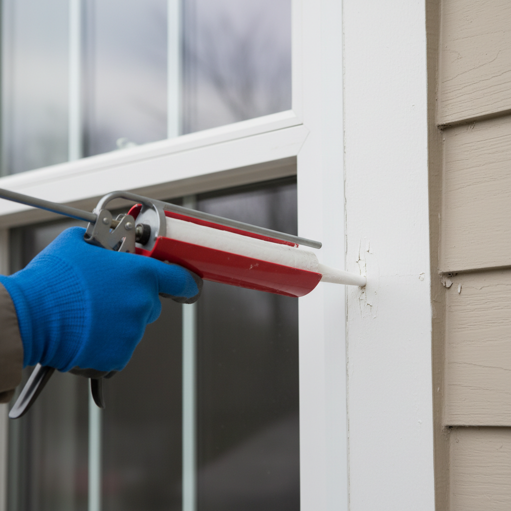 Homeowner applying caulk to seal a drafty window frame, demonstrating DIY air leak repair