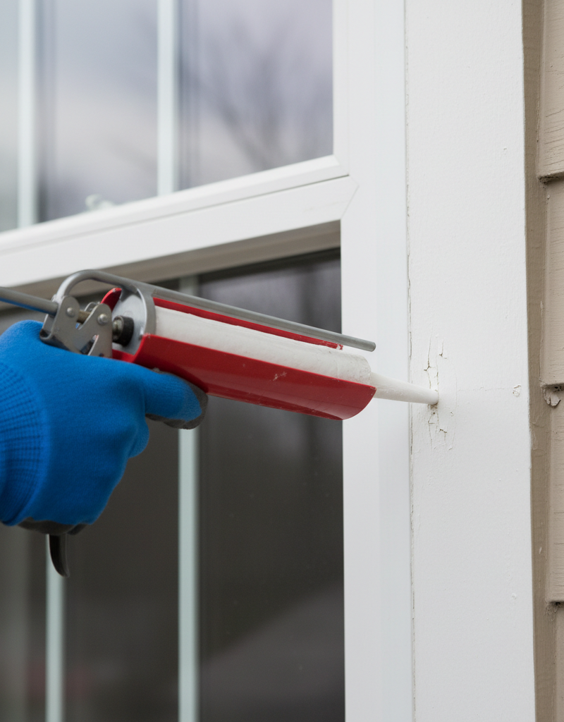Homeowner applying caulk to seal a drafty window frame, demonstrating DIY air leak repair