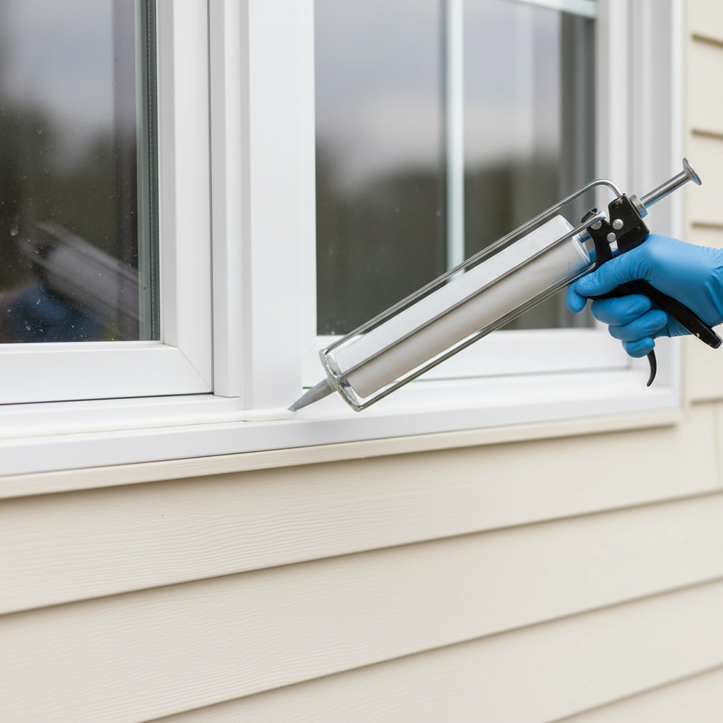 Hand applying caulk to seal a drafty window frame on a home exterior