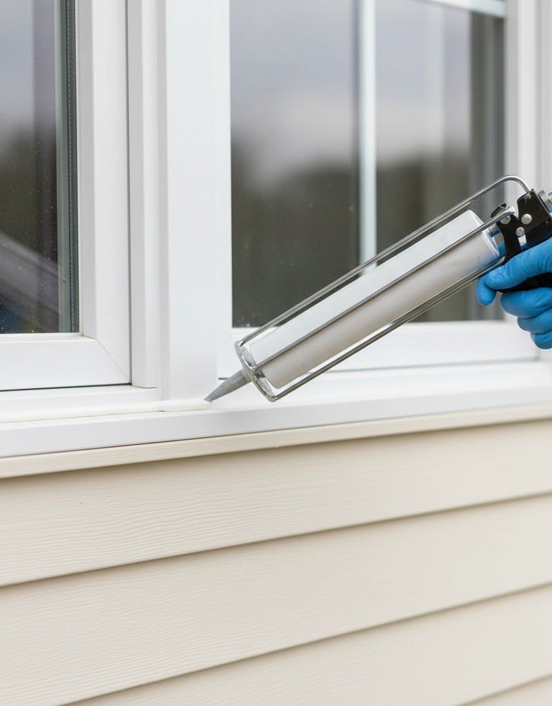 Hand applying caulk to seal a drafty window frame on a home exterior