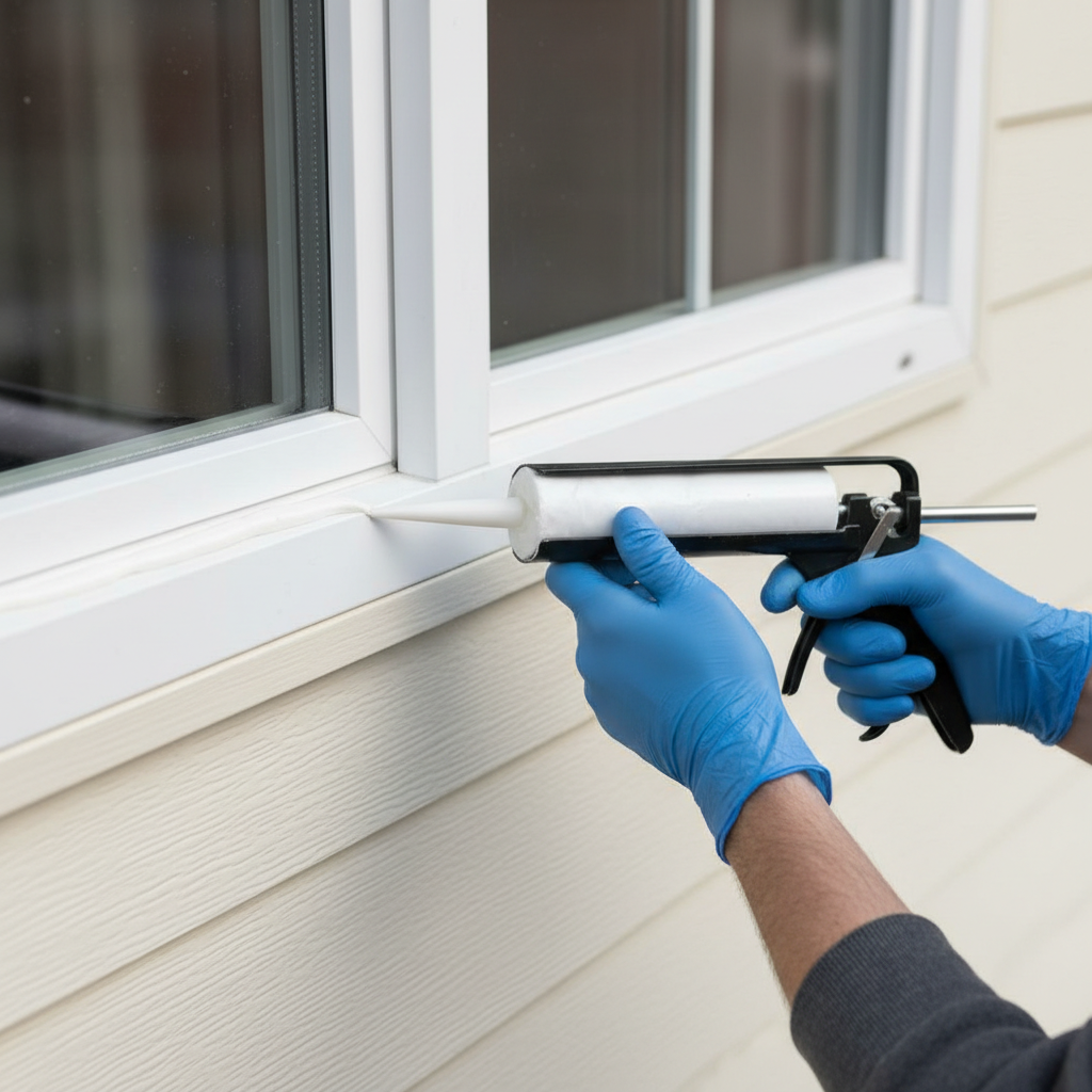 Homeowner sealing a drafty window with a caulk gun
