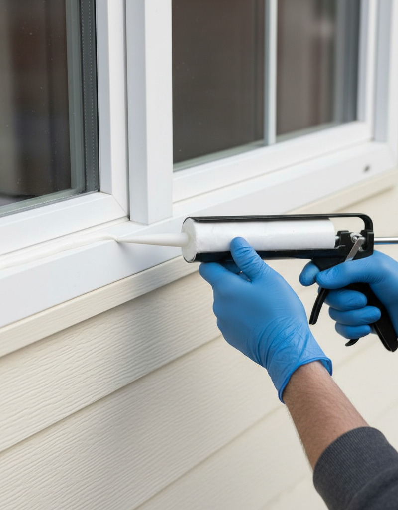 Homeowner sealing a drafty window with a caulk gun