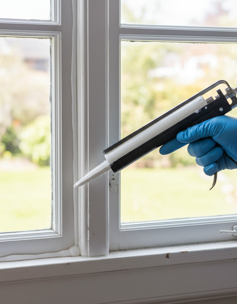 Homeowner applying caulk to seal a drafty window frame.