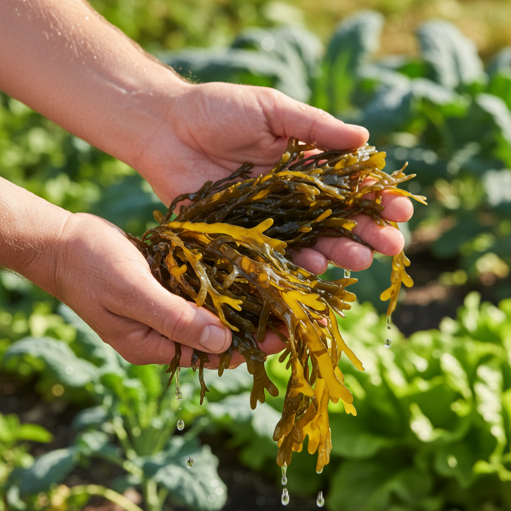 Homeowner's hands holding fresh, rinsed seaweed over a lush garden bed.