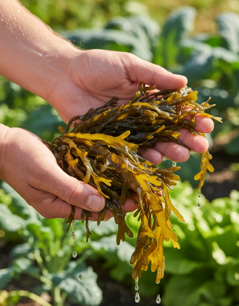 Homeowner's hands holding fresh, rinsed seaweed over a lush garden bed.