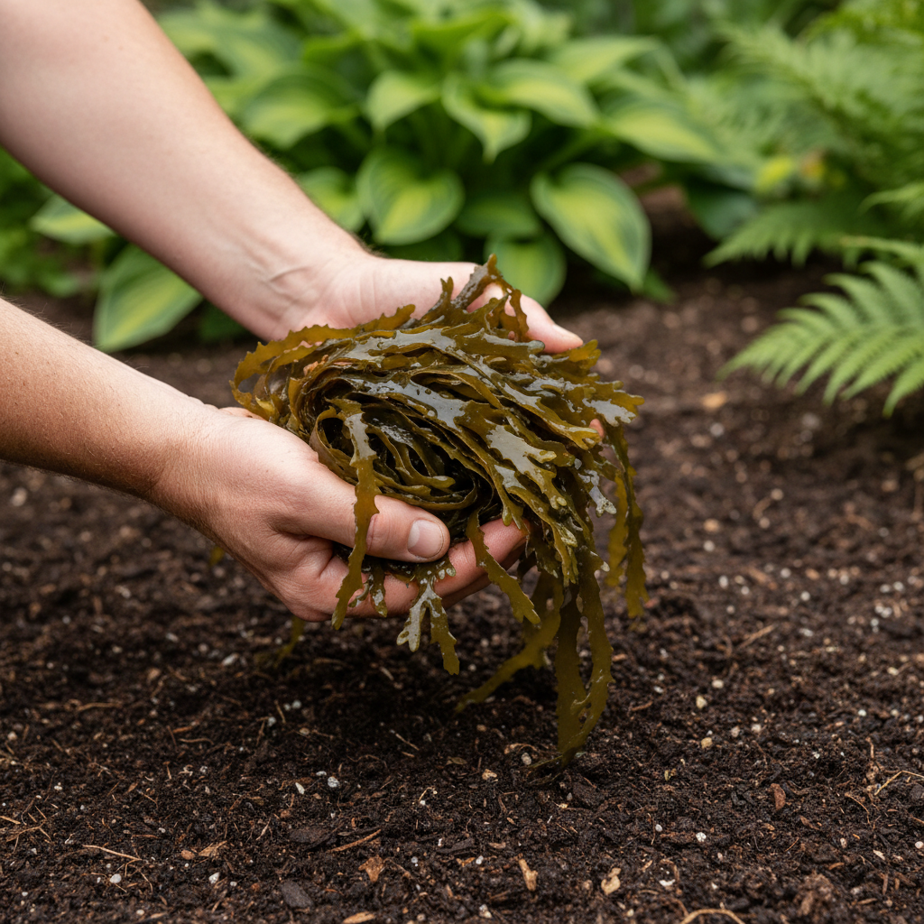 Gardener's hands holding fresh seaweed over healthy garden soil