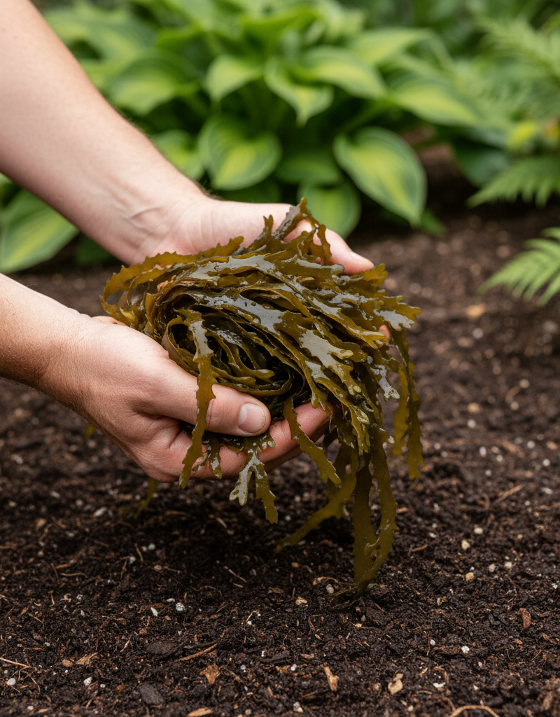 Gardener's hands holding fresh seaweed over healthy garden soil