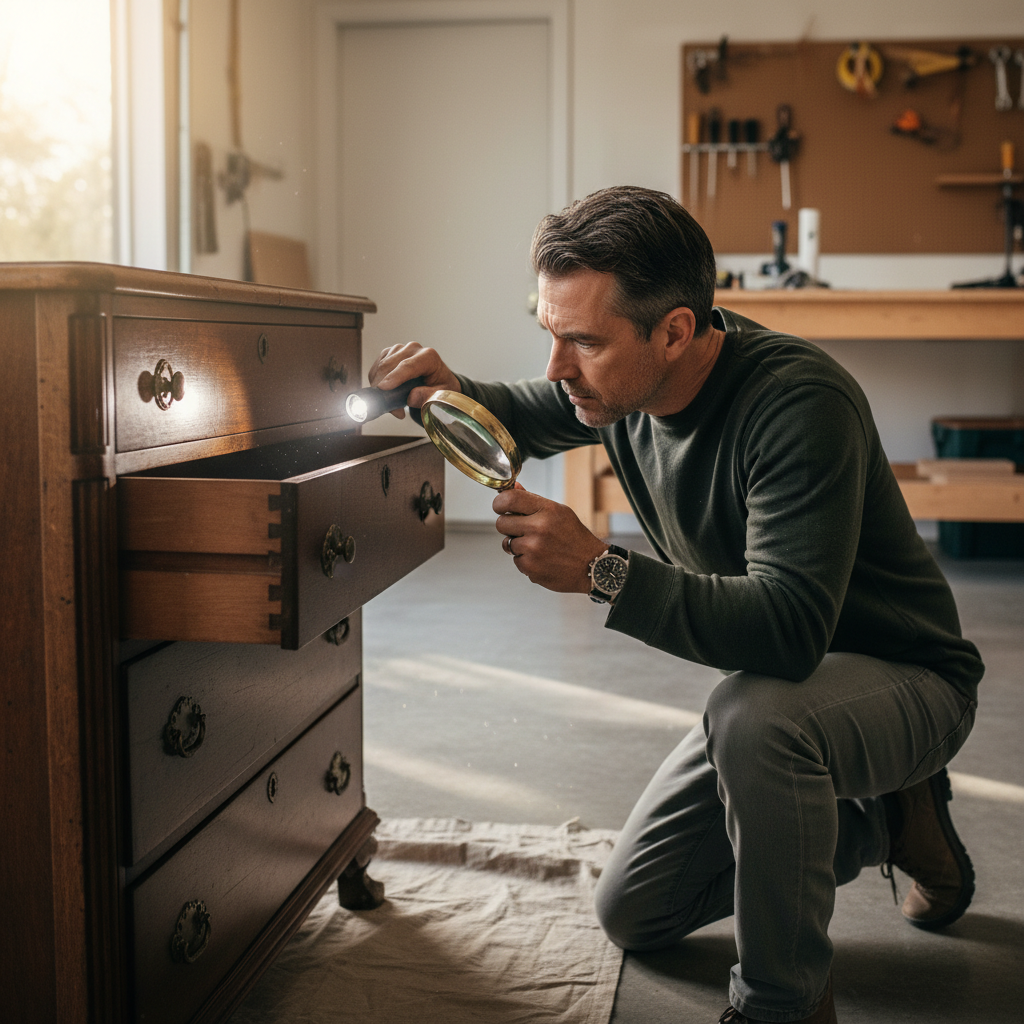 Homeowner inspecting a vintage dresser for hidden damage or pests
