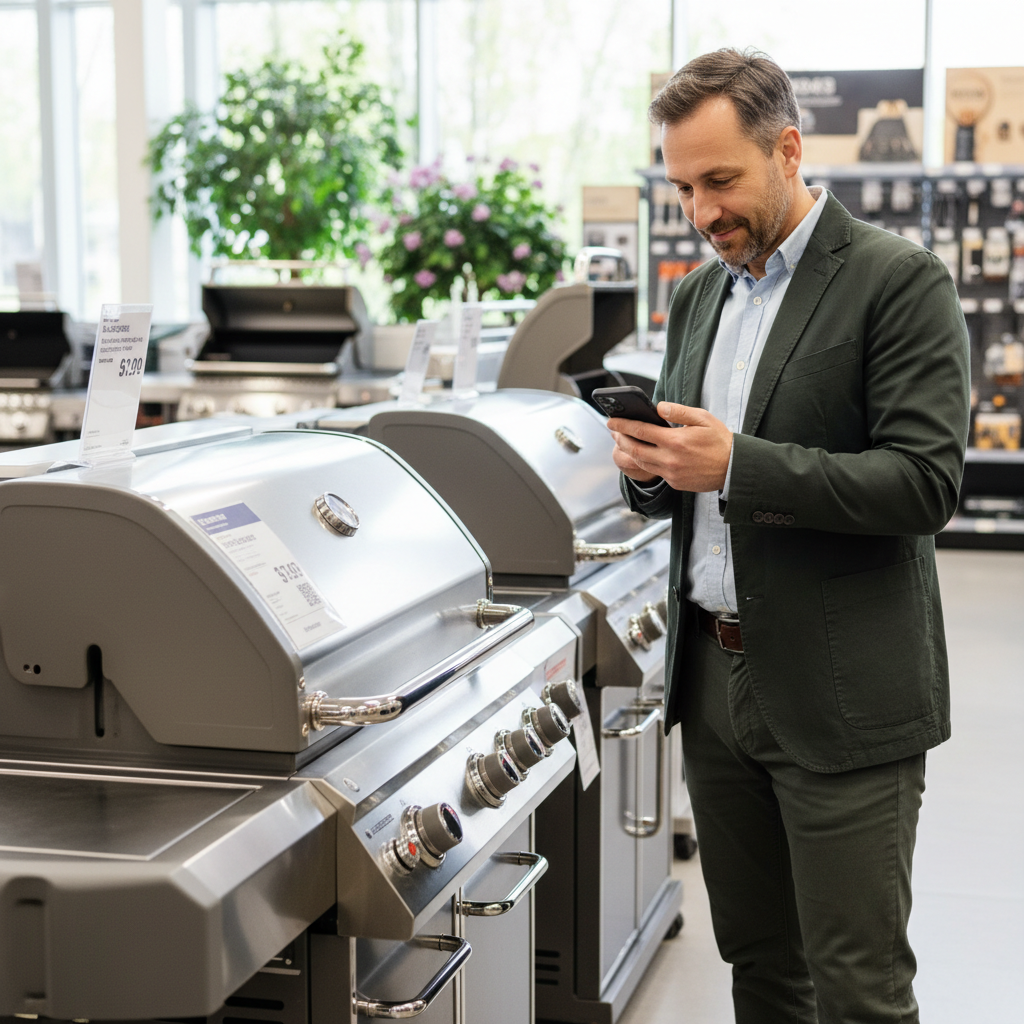 Homeowner examining a grill price tag for hidden discounts at a hardware store before Memorial Day.