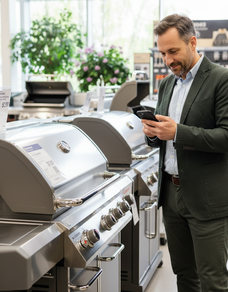 Homeowner examining a grill price tag for hidden discounts at a hardware store before Memorial Day.