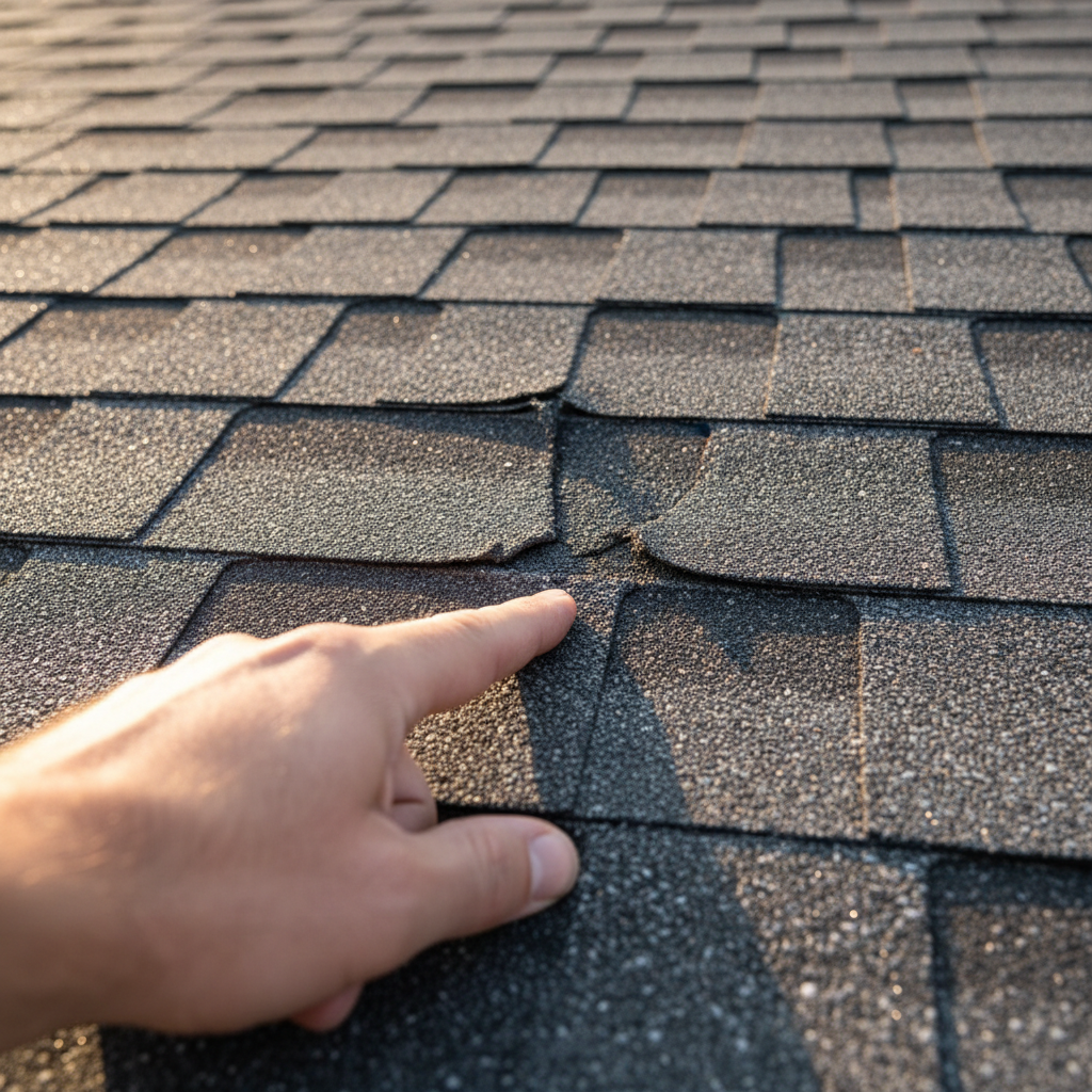 A close-up of a homeowner's hand pointing at subtly damaged asphalt shingles on a roof, indicating an early leak.