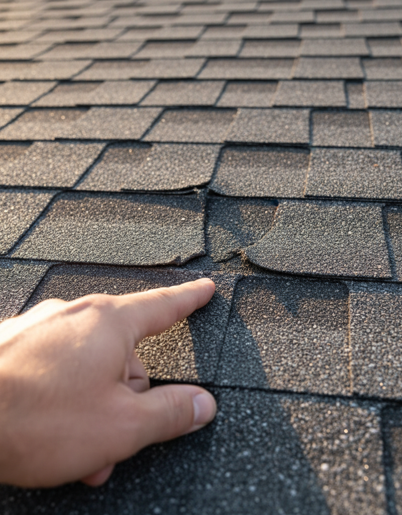 A close-up of a homeowner's hand pointing at subtly damaged asphalt shingles on a roof, indicating an early leak.