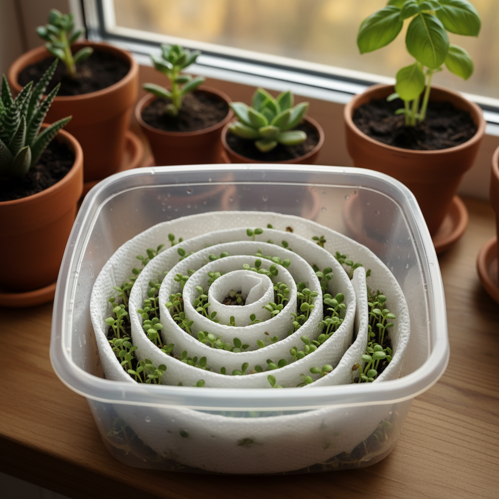 Close-up of a seed snail method container with tiny green seedlings sprouting.