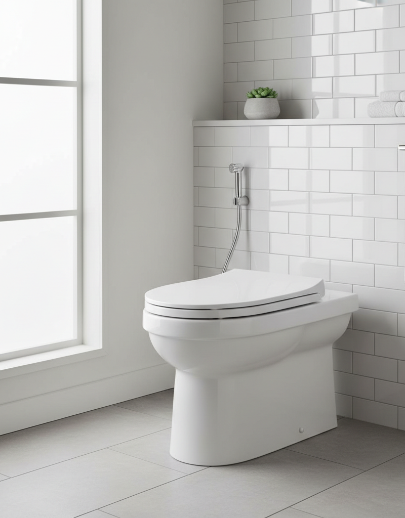 A modern, white 1.28 GPF high-efficiency toilet installed in a clean, contemporary bathroom.