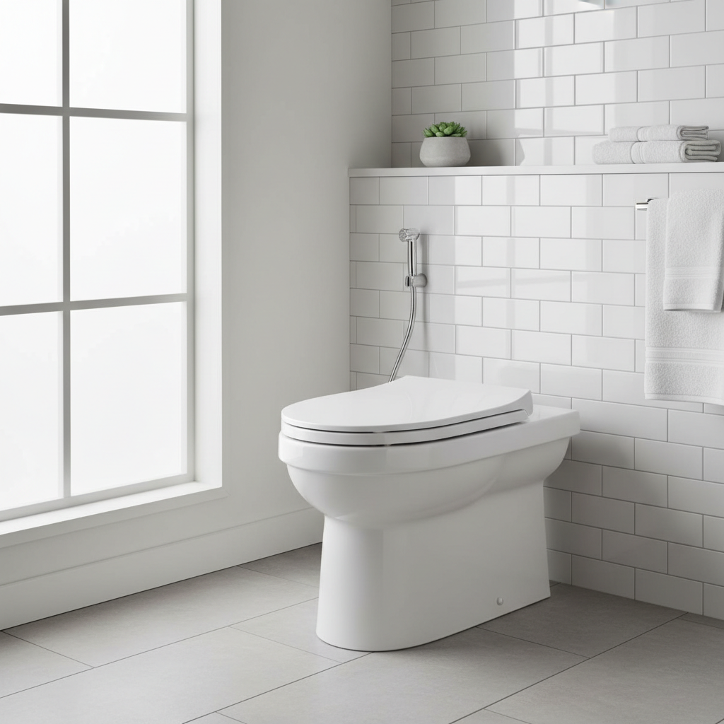 A modern, white 1.28 GPF high-efficiency toilet installed in a clean, contemporary bathroom.