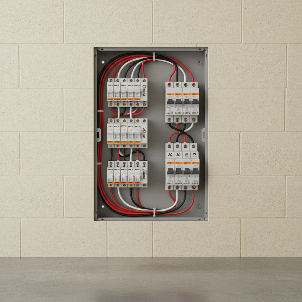 A close-up of a circuit breaker panel with a hand pointing to a 20-amp breaker, with an overheated and melted electrical outlet in the background.