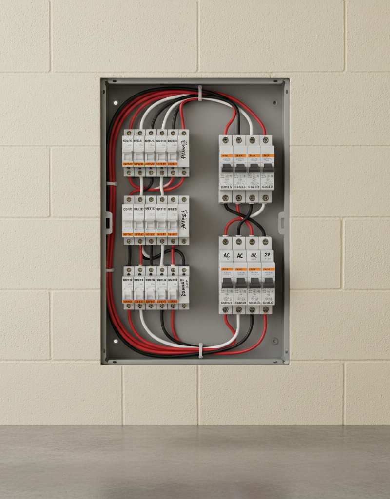 A close-up of a circuit breaker panel with a hand pointing to a 20-amp breaker, with an overheated and melted electrical outlet in the background.