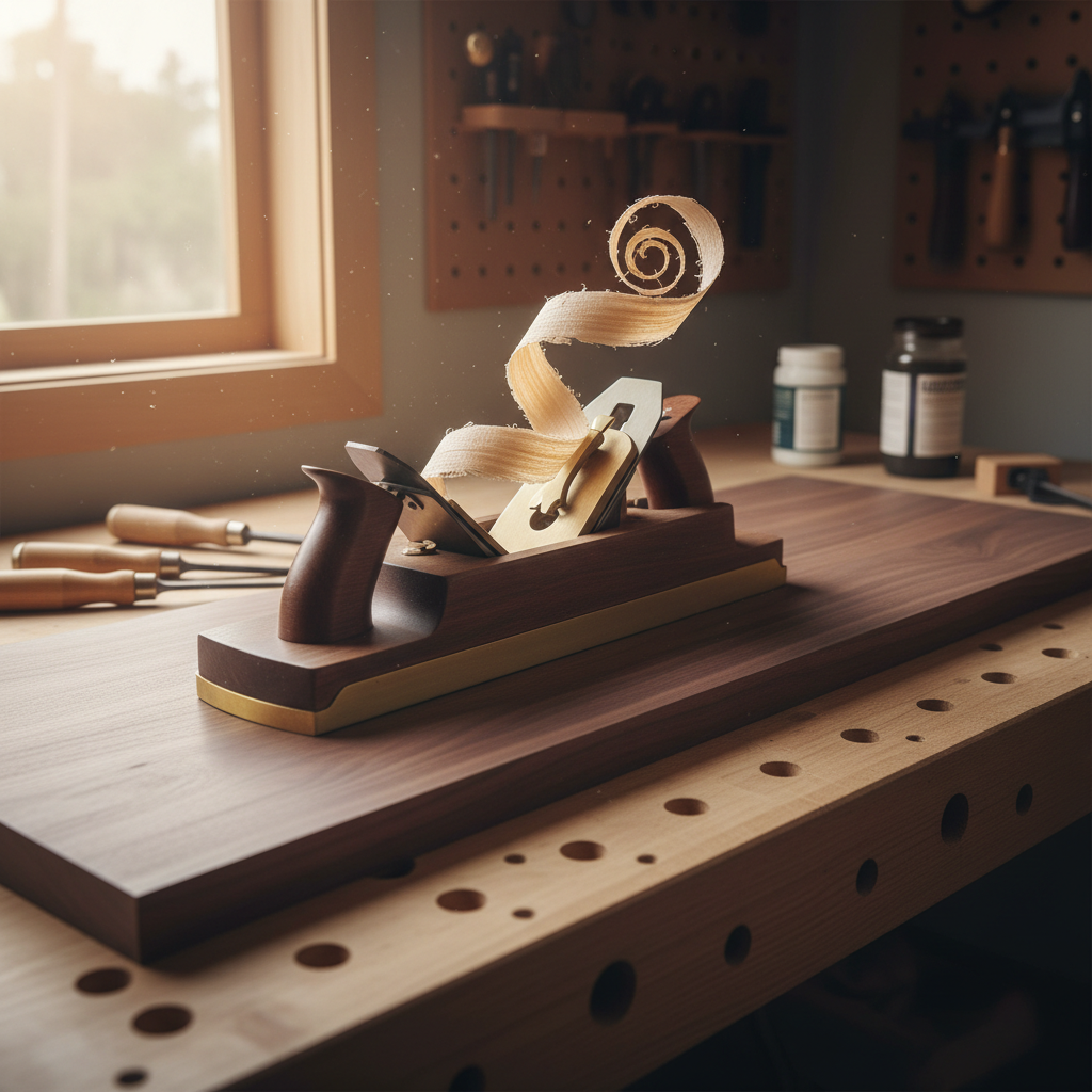 A woodworker sighting down a pair of winding sticks on a rough sawn cherry board, with a vintage Stanley jointer plane resting nearby.