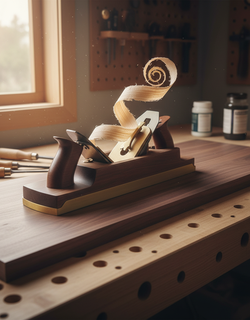 A woodworker sighting down a pair of winding sticks on a rough sawn cherry board, with a vintage Stanley jointer plane resting nearby.