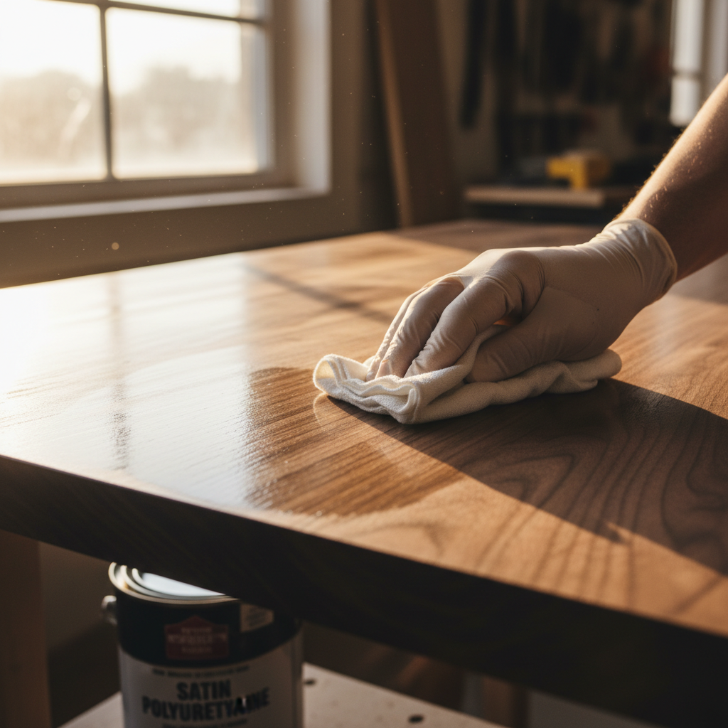 A woodworker's hand in a blue nitrile glove applying wipe-on polyurethane to a cherry wood tabletop, showing a glossy, smooth wood finish.