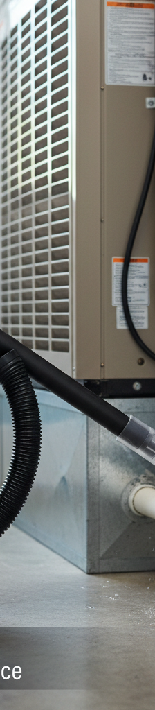 A close-up of a newly installed PVC 'T' fitting on an AC condensate drain line with a hand unscrewing the cap to pour in a cleaning solution.