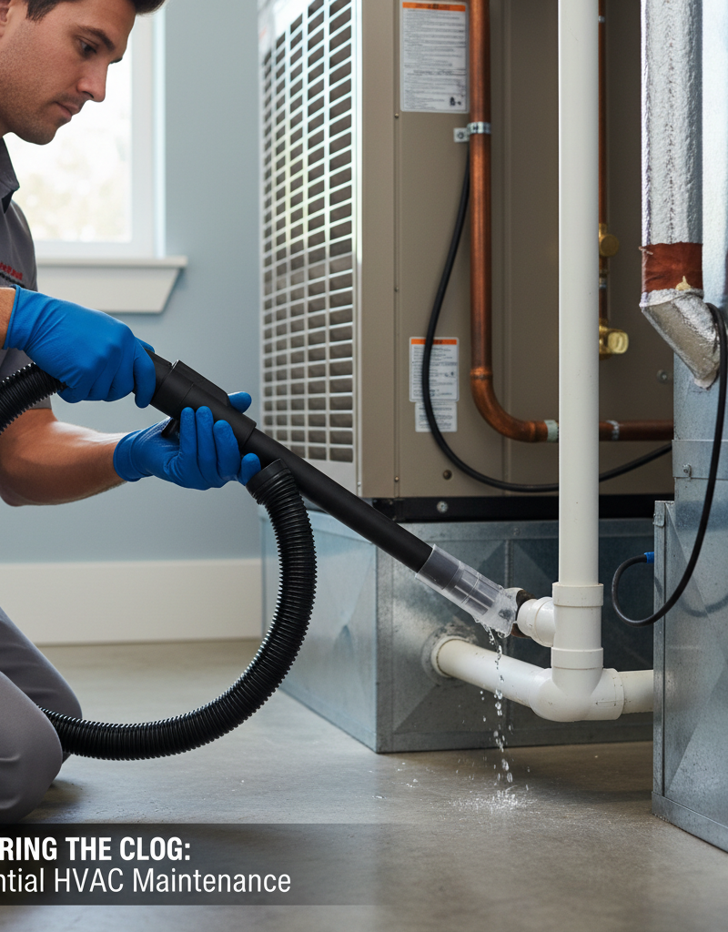 A close-up of a newly installed PVC 'T' fitting on an AC condensate drain line with a hand unscrewing the cap to pour in a cleaning solution.