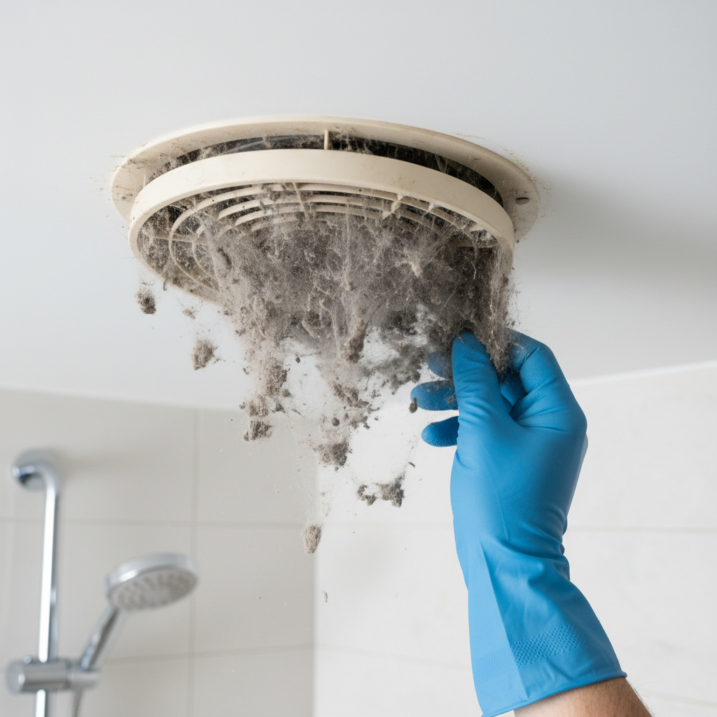 A gloved hand holds a bathroom exhaust fan cover caked in a thick layer of dust and grime.