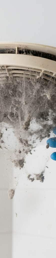 A gloved hand holds a bathroom exhaust fan cover caked in a thick layer of dust and grime.