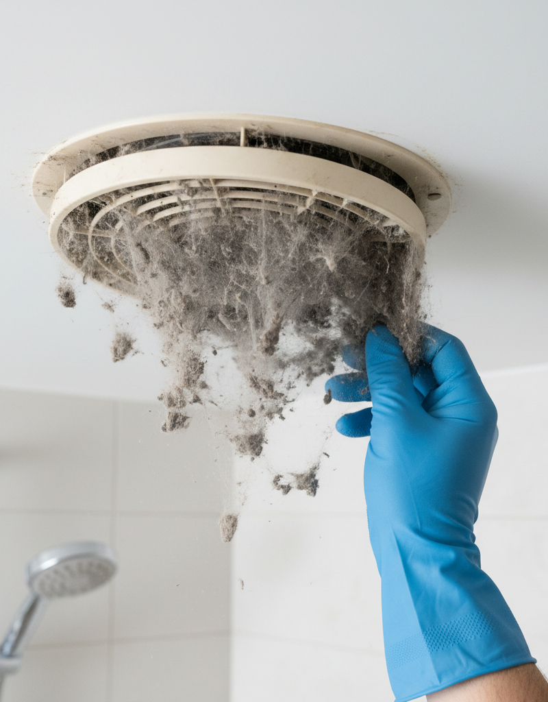 A gloved hand holds a bathroom exhaust fan cover caked in a thick layer of dust and grime.