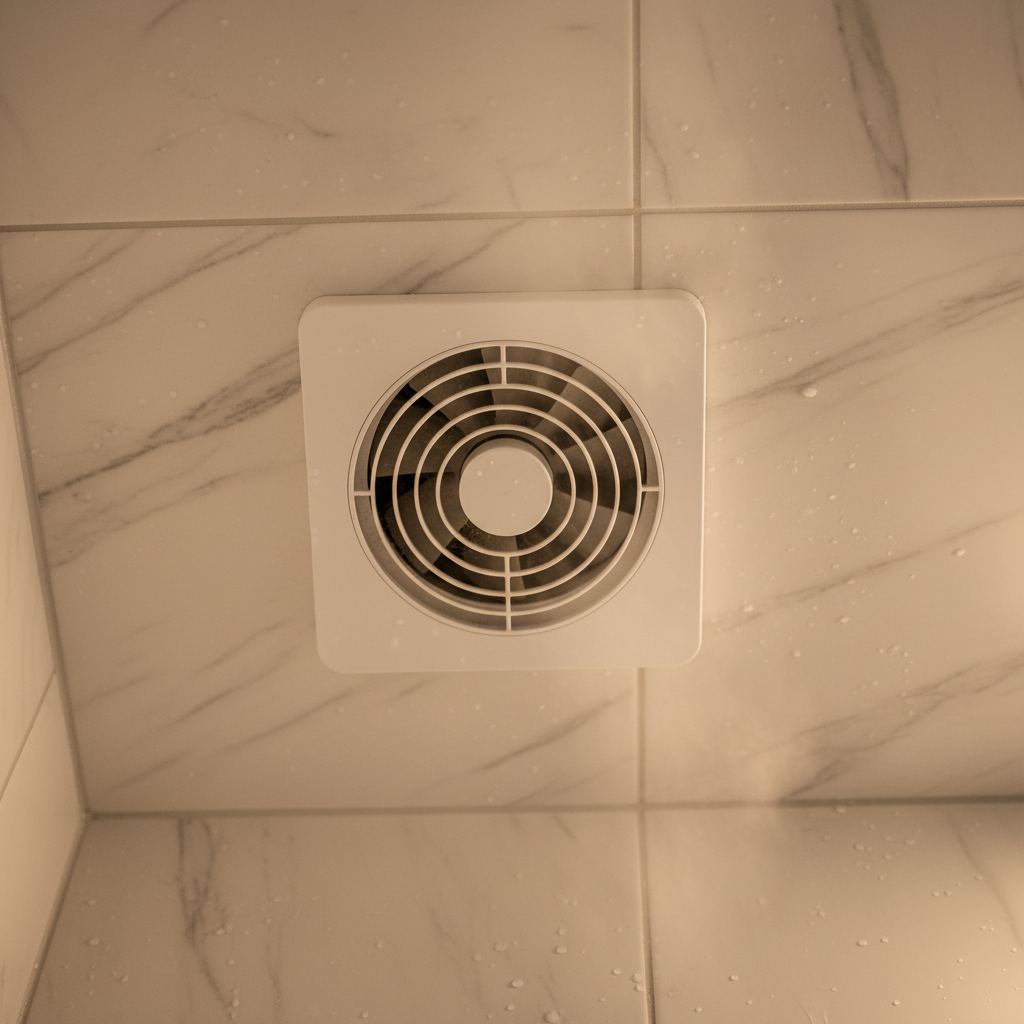 A cross-section diagram showing mold growing on the back of drywall behind a shower, with arrows indicating moisture flow from an undersized bathroom fan.