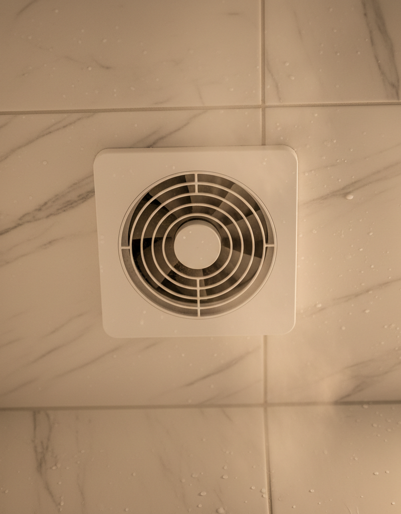 A cross-section diagram showing mold growing on the back of drywall behind a shower, with arrows indicating moisture flow from an undersized bathroom fan.