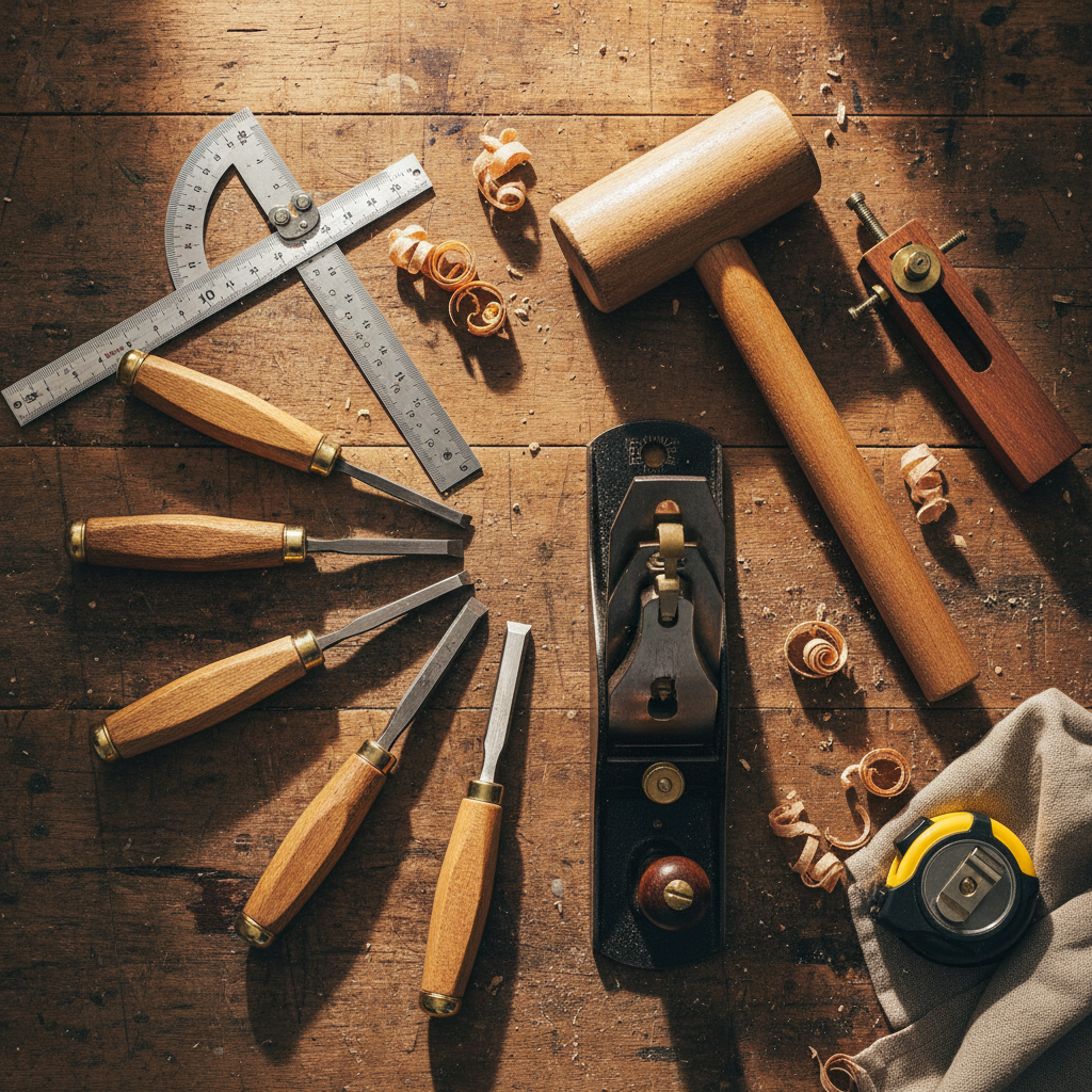 A well-organized beginner woodworking workshop with essential tools like a circular saw, drill, and clamps neatly arranged on a workbench.