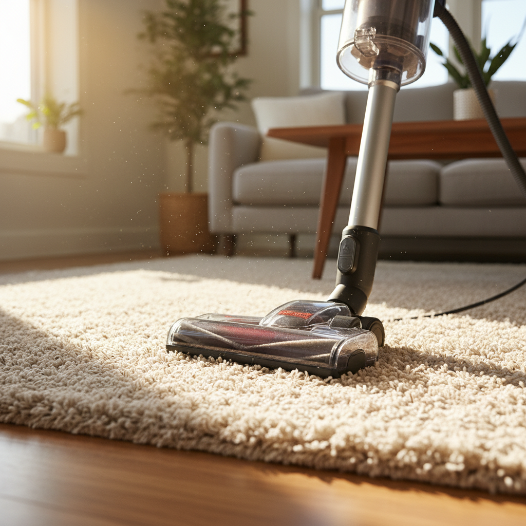 A close-up view of a vacuum cleaner head on a plush gray carpet, with a hand adjusting the pile-height dial.