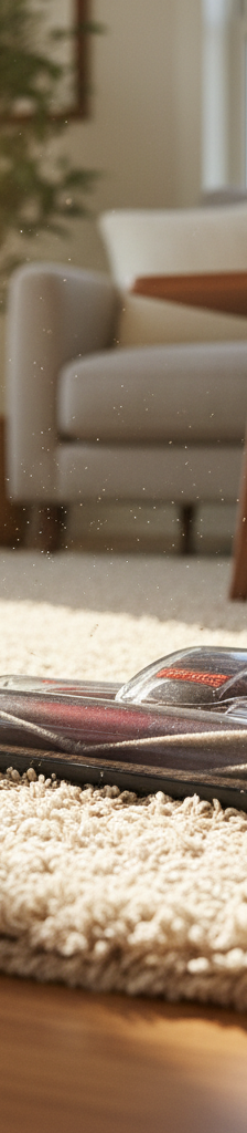 A close-up view of a vacuum cleaner head on a plush gray carpet, with a hand adjusting the pile-height dial.
