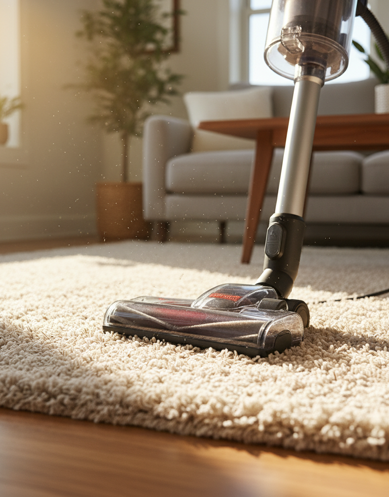 A close-up view of a vacuum cleaner head on a plush gray carpet, with a hand adjusting the pile-height dial.