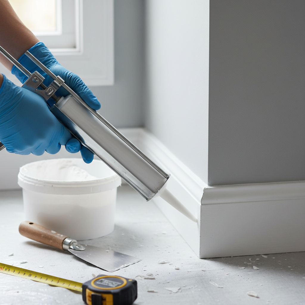 A close-up shot showing a person applying a smooth bead of white caulk between a white baseboard and a grey wall.