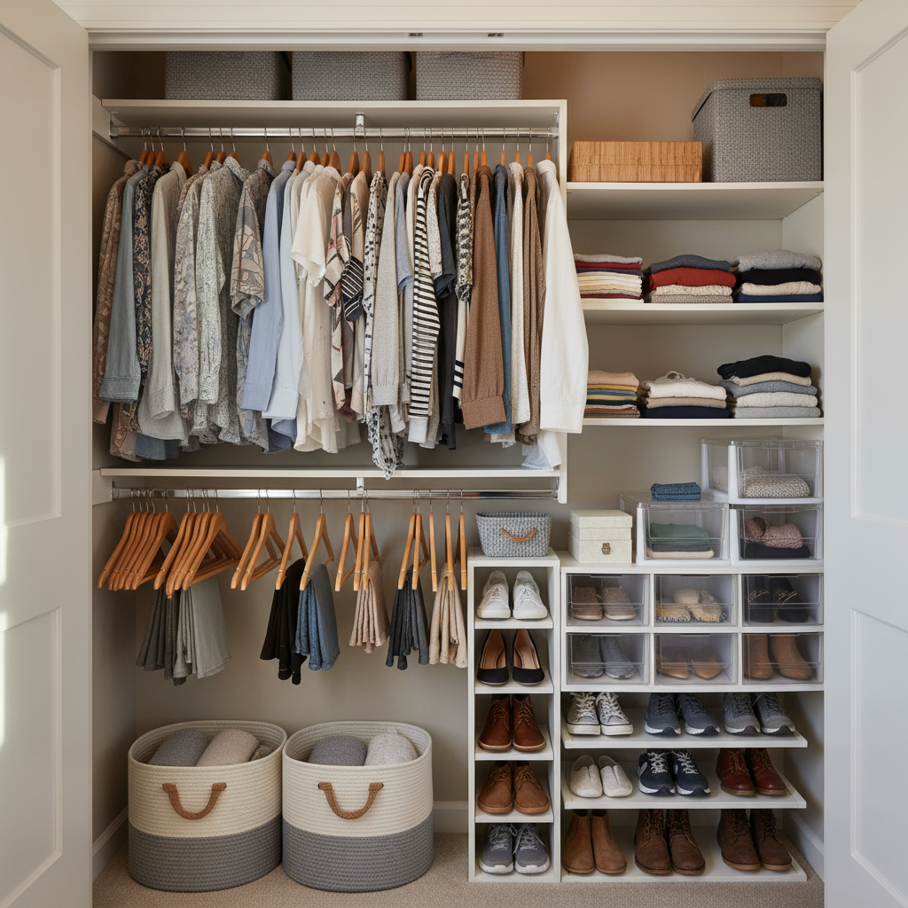 A beautifully organized reach-in closet with a combination of double-hang rods, white wood shelving, and neatly organized clothes and shoes.