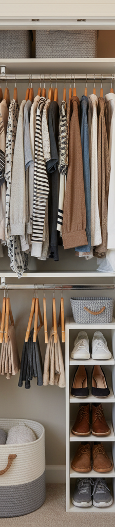 A beautifully organized reach-in closet with a combination of double-hang rods, white wood shelving, and neatly organized clothes and shoes.