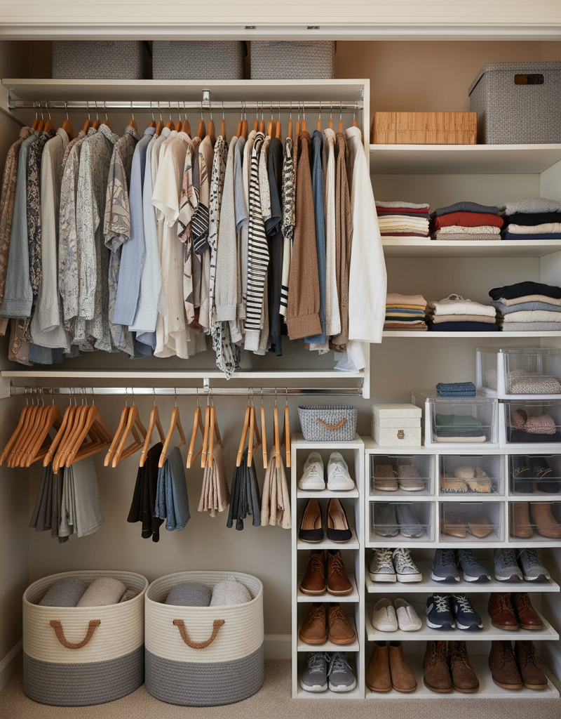 A beautifully organized reach-in closet with a combination of double-hang rods, white wood shelving, and neatly organized clothes and shoes.