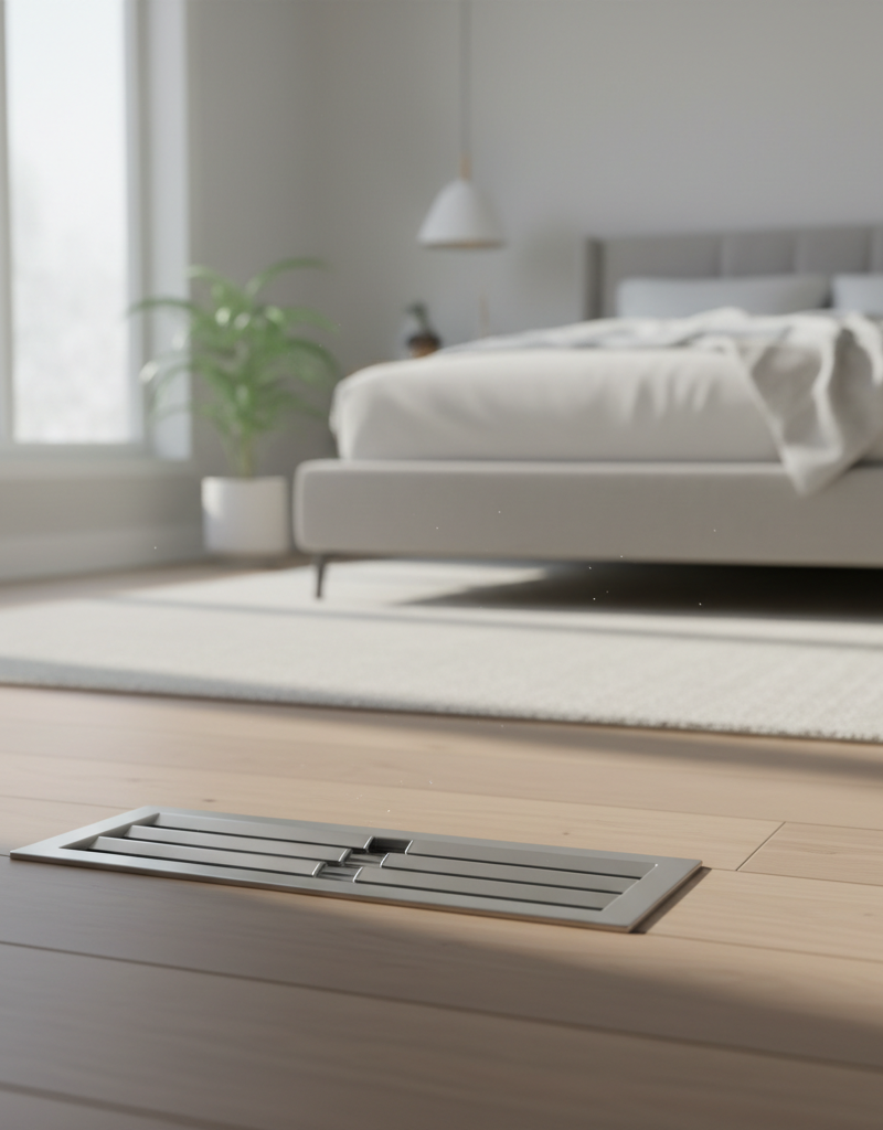 A closed white floor HVAC supply register with a hand reaching for the lever, symbolizing a common homeowner mistake.
