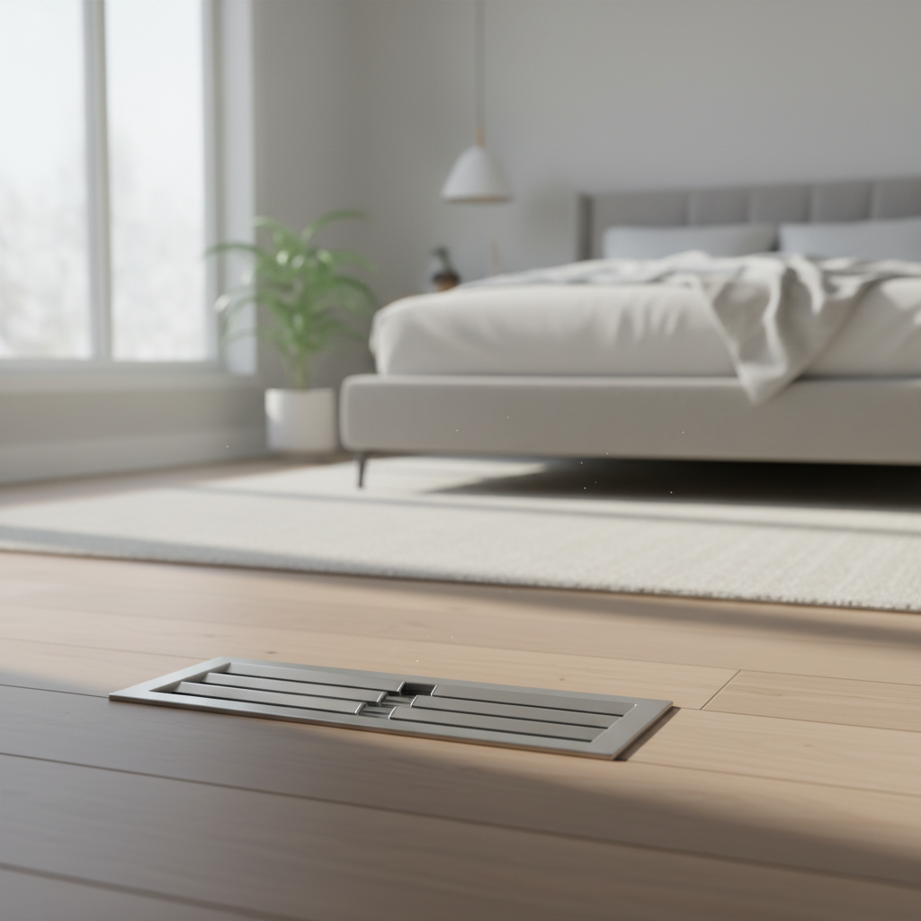 A closed white floor HVAC supply register with a hand reaching for the lever, symbolizing a common homeowner mistake.