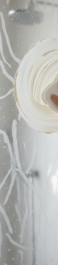 A hand using a microfiber cloth to polish a once-cloudy glass shower door, revealing a crystal-clear surface.
