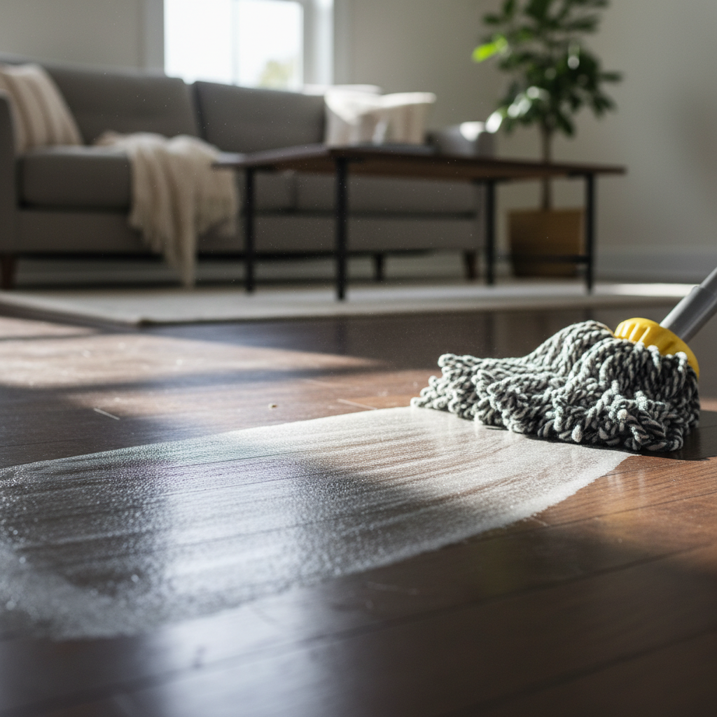 A frustrating cloudy white film on a dark hardwood floor, showing streaks and mop marks under the light.