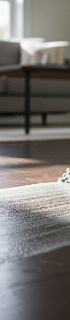 A frustrating cloudy white film on a dark hardwood floor, showing streaks and mop marks under the light.