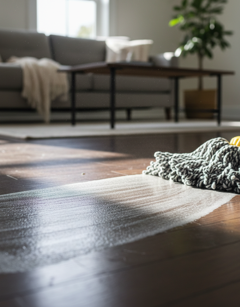 A frustrating cloudy white film on a dark hardwood floor, showing streaks and mop marks under the light.