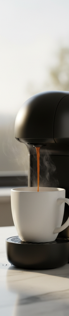 A frustrated person looks at a coffee mug that is only half full in front of a sputtering single-serve coffee maker.