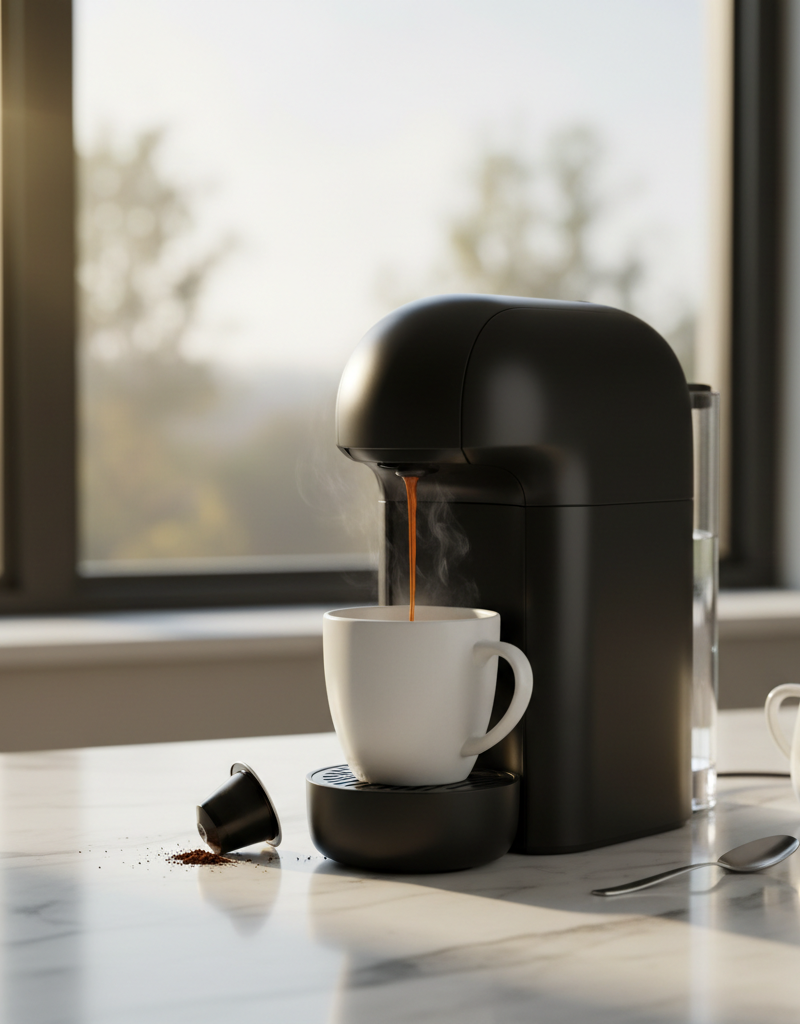 A frustrated person looks at a coffee mug that is only half full in front of a sputtering single-serve coffee maker.